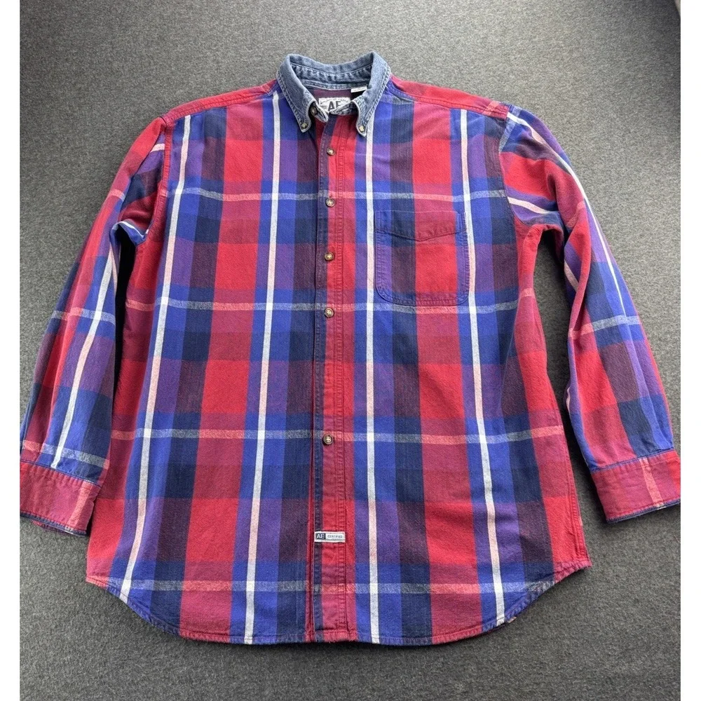 VTG 90s American‎ Eagle Men's Sz M Denim Button-Up Shirt Plaid Cotton Grunge Y2K